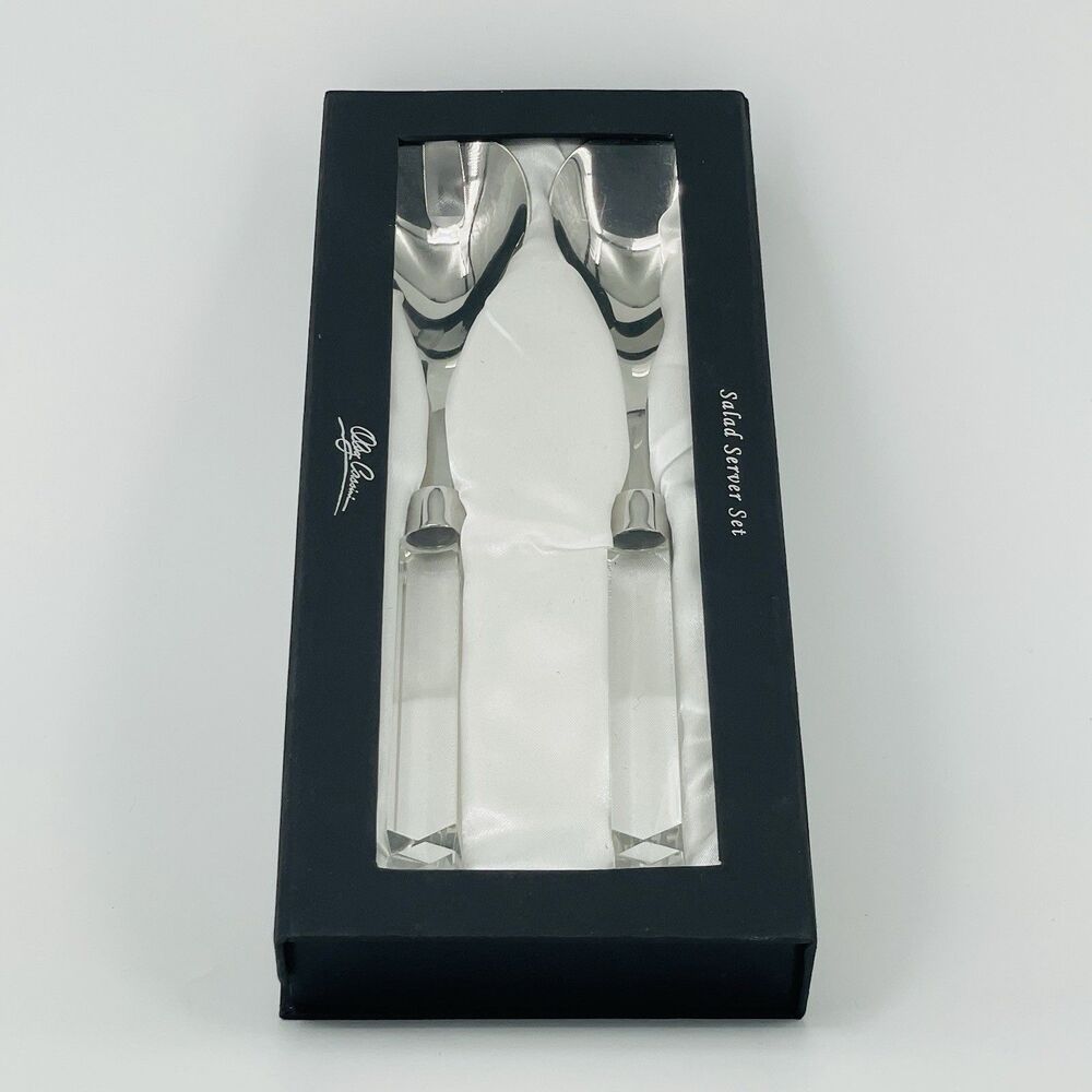 Oleg Cassini Stainless Salad Server Set Crystal Square Handles Satin Lined Box
